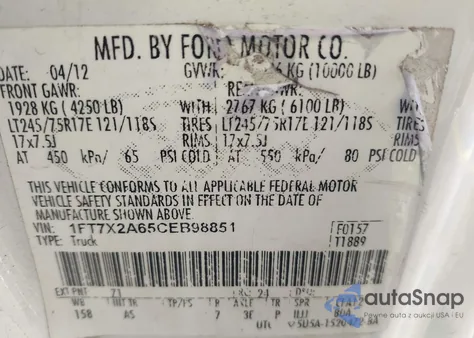 2012 Ford F250 Super Duty z USA, uszkodzony, nr VIN 1FT7X2A65CEB98851